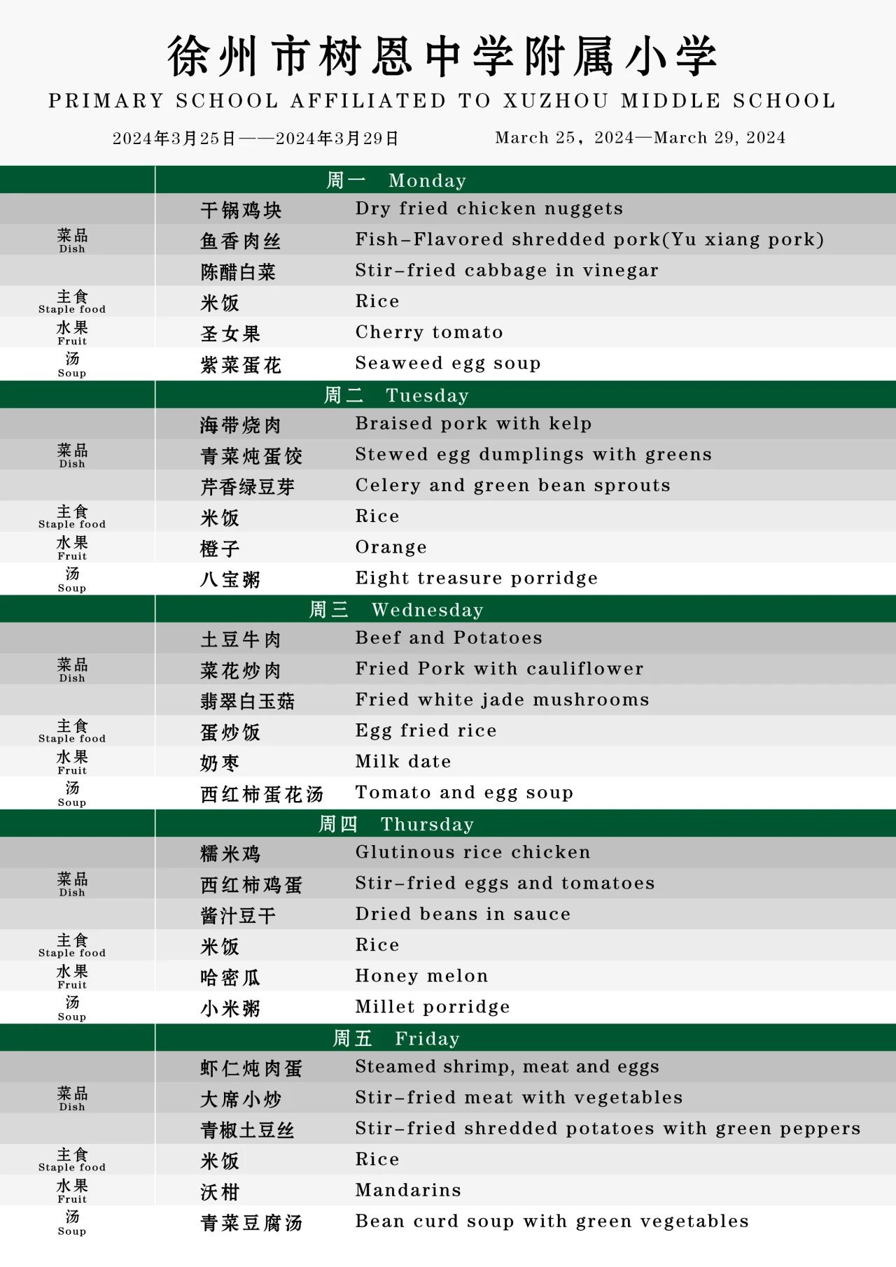 徐州市树恩中学附属小学3月25日-3月29日菜单